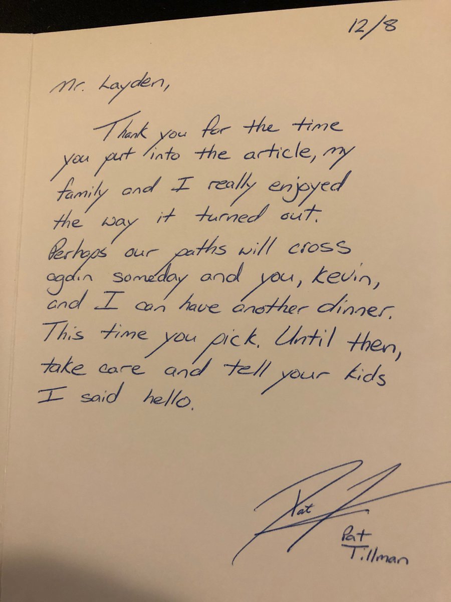 ByTimLayden's tweet image. Pat Tillman would have turned 43 today. I wrote about him in 1997 when he was a senior at ASU. A few days later, he sent me this card, which I haven't previously shared. Everything about it is perfect: The (lone) wolf. The meticulous note, written with such care. Who he was.