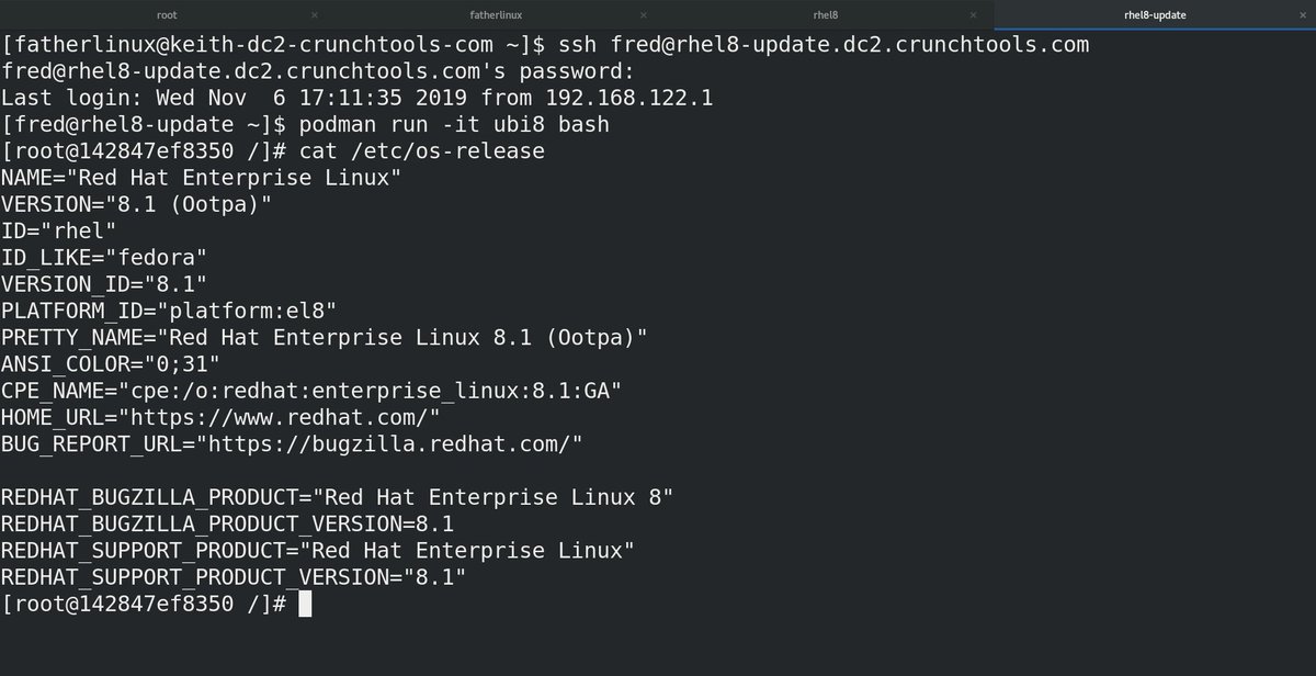 fatherlinux's tweet photo. It is my pleasure to announce that rootless is fully supported in RHEL 8.1. Did a fresh install from DVD. Added a user during installation. Installed podman (yum module install container-tools:rhel8). Logged in as the user created during install and ran a container without root. https://t.co/vOSZrCtfRO