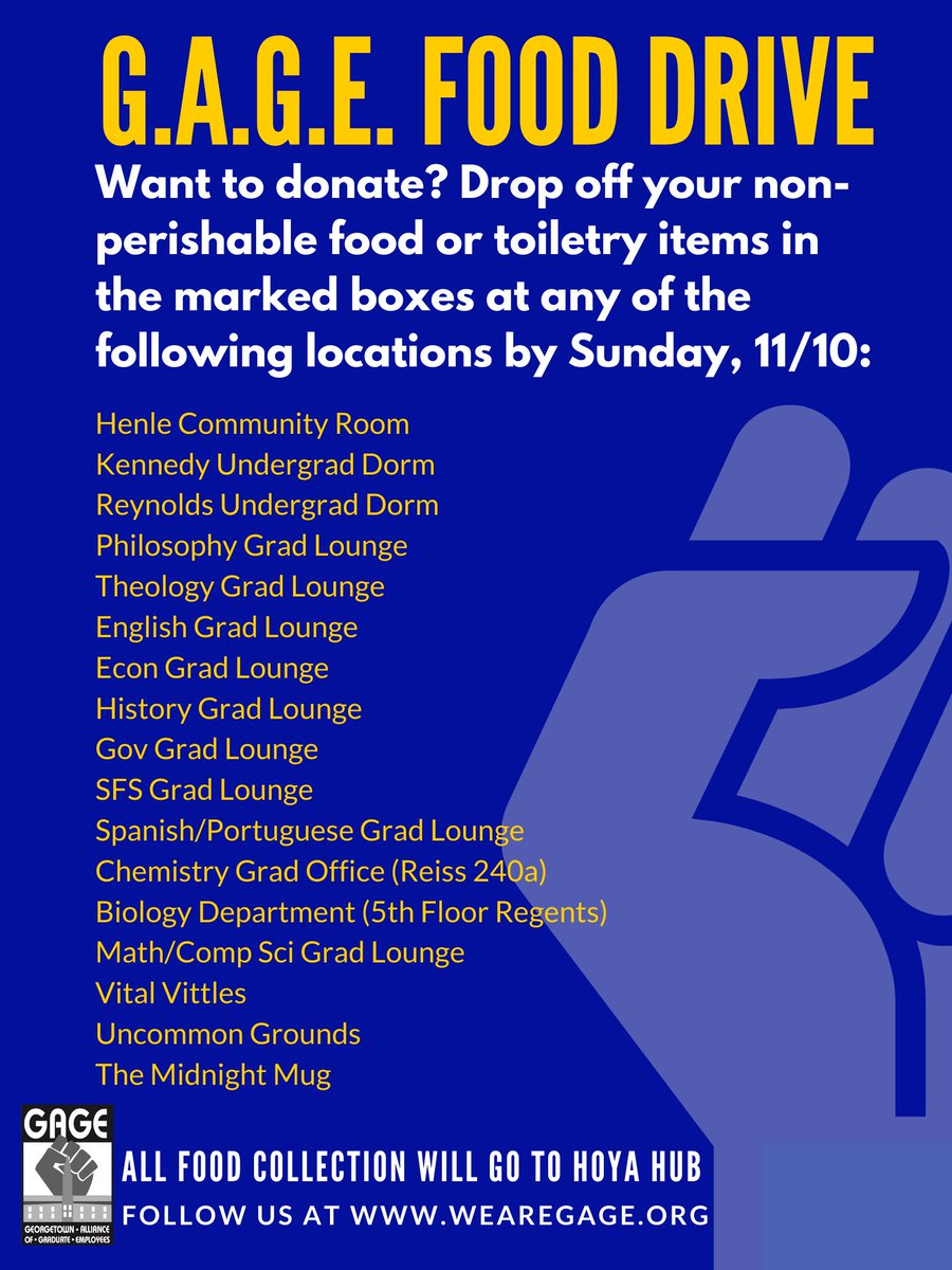 Little Worker Power with your Pumpkin Spice? GAGE food drive boxes are now at Uncommon Grounds, the Midnight Mug, and Vital Vittles. Give your non-perishables (all go to @TheHoyaHub), and huge thanks to <a href="/TheCorp/">The Corp</a>!!