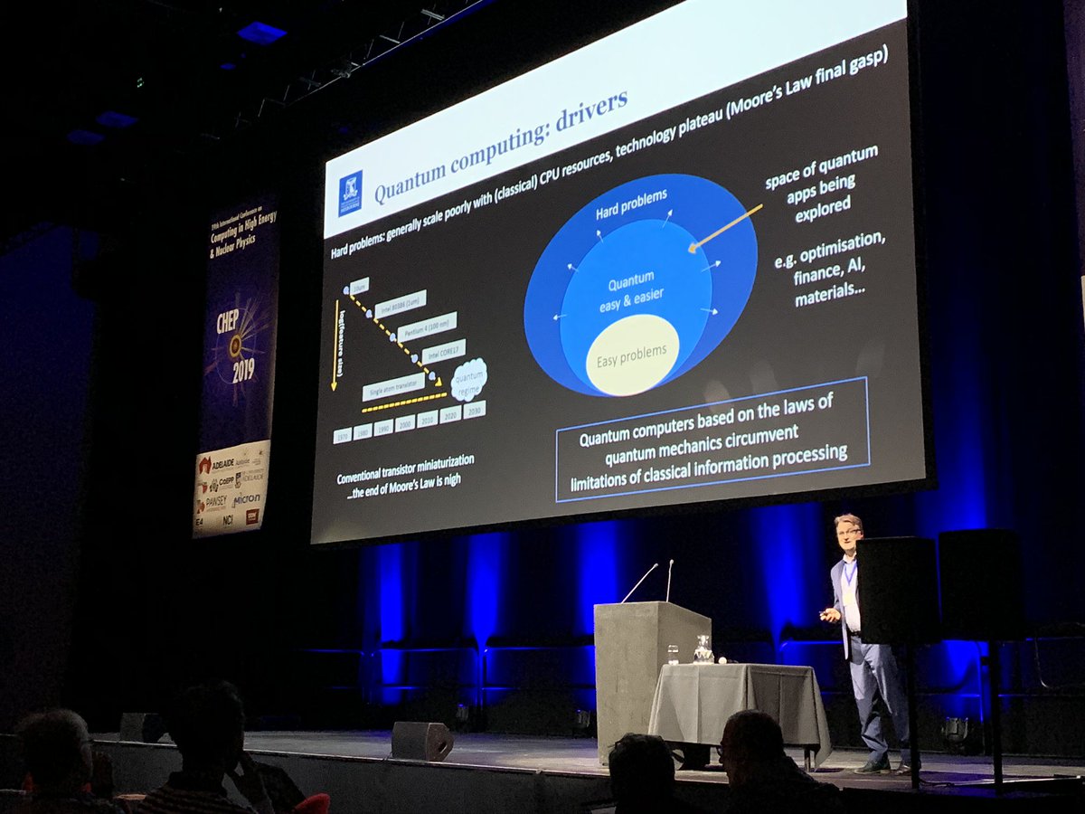 Computing4HEP's tweet image. Lloyd Hollenberg of the University of Melbourne gives #chep2019 participants a an overview and update on #QuantumComputing