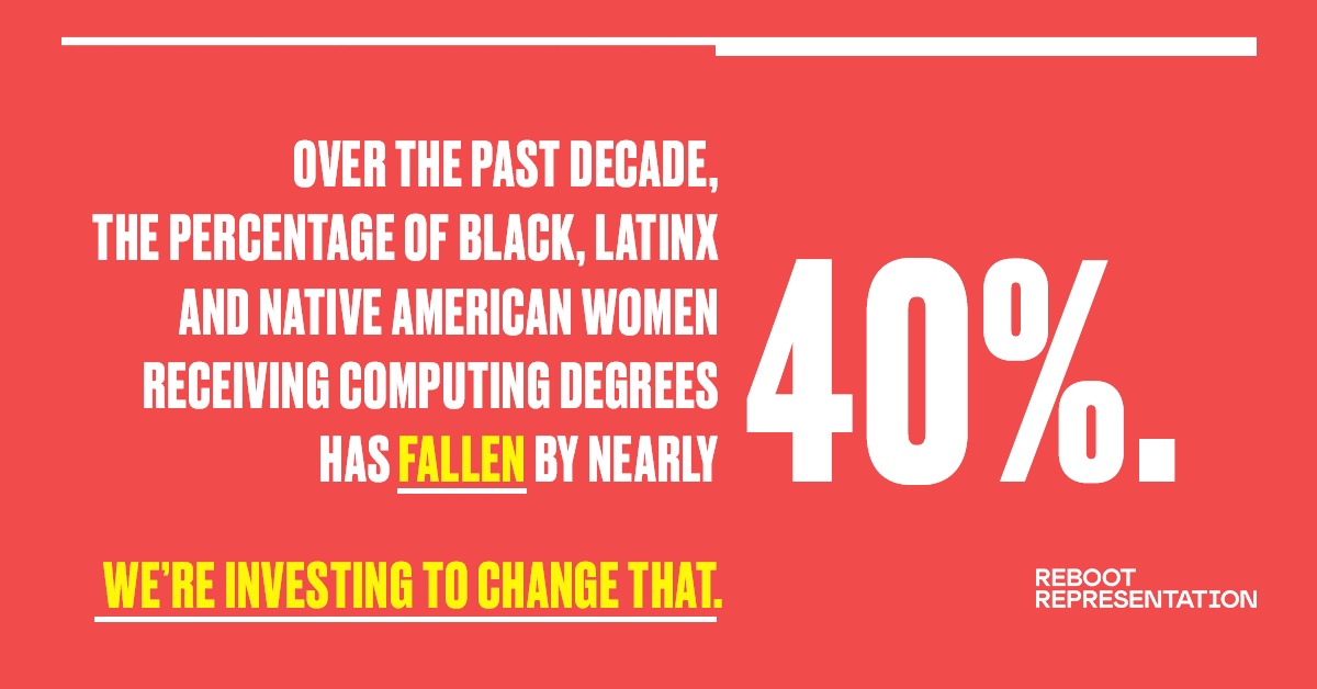 BrianKReaves's tweet photo. As the tech sector booms, the share of underrepresented women of color receiving computing degrees is actually declining. We joined forces with other tech companies through @rebootrepresent to reverse that trend. #DellDiversity #RebootRepresentation https://t.co/1yuS5aXGff https://t.co/V4fJHcV6Yf
