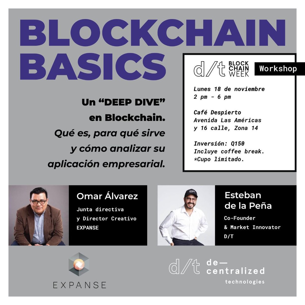 SimpleICO's tweet image. d/t Blockchain Week starts Monday November 18! 
Looking to get into blockchain? 
Blockchain Week kicks off with an introductory workshop on Blockchain Basics with Omar from @expansetech and Esteban from @decentral_tech 
Price: Q150 
Registration in Bio
