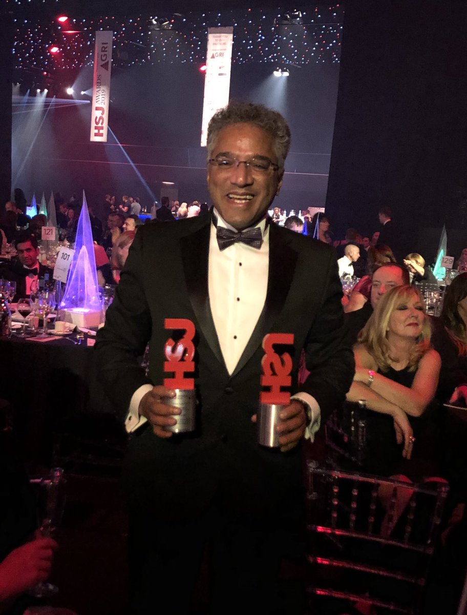An amazing night with the inspirational leader of the year Prof Anoop Chatham @PHTresearch @QAHospitalNews #HSJAwards