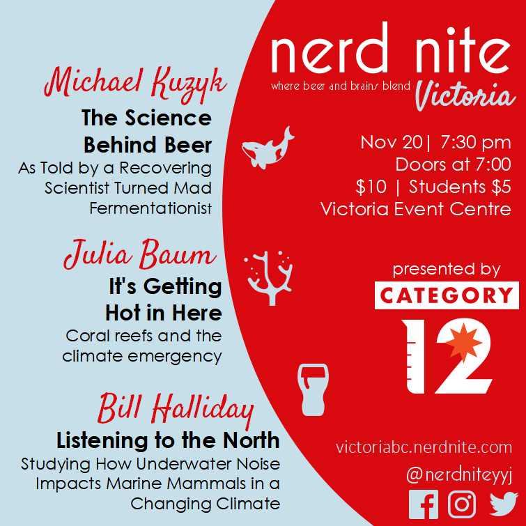 nerdniteyyj's tweet photo. Nerd Nite Victoria on November 20th with talks on science of beer, coral reefs and underwater sounds. #nerdnite  #nerdlife #lovescience #nerds #thinkinganddrinking #Victoria #yyj #thingstodoinvictoria #stufftodoinvictoria https://t.co/hlRseVH8G6