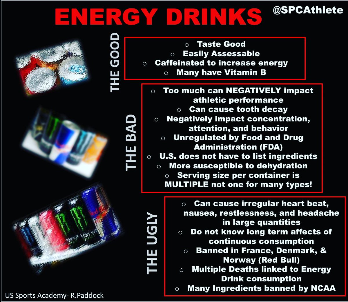SPCAthlete's tweet photo. What's the deal with energy drinks and high intensity activities? As an athlete, probably not the best option! @GPSMaine #SPCKnowledge #SPCFam #FuelForSuccess https://t.co/qZcTqUeBC1