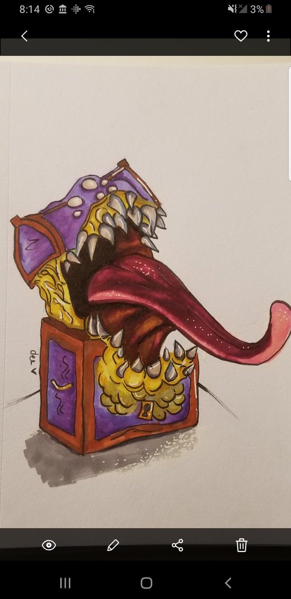 DeannaAdamski's tweet photo. Won first place on #drawing contest through the college! This #mimic #dnd got me a #dndessentialskit https://t.co/qUEQwbo8ex