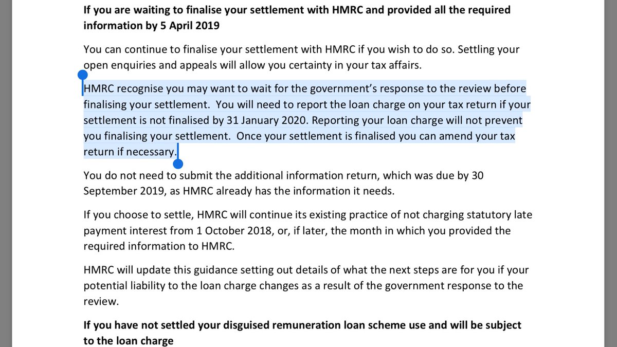 Can’t believe this: “You need to report the loan charge on your tax return if your settlement is not finalised by 31 Jan 2020. Reporting your loan charge will not prevent you finalising your settlement. Once your settlement is finalised you can amend your tax return if necessary