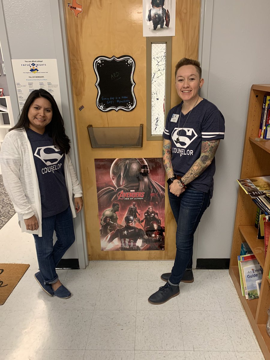 bt79912's tweet photo. Marvel vs. DC day! We made our own “super” counselor shirt. @FoxesCounseling @JSHS_Official @viva_lajeff https://t.co/jVXd20uNNH