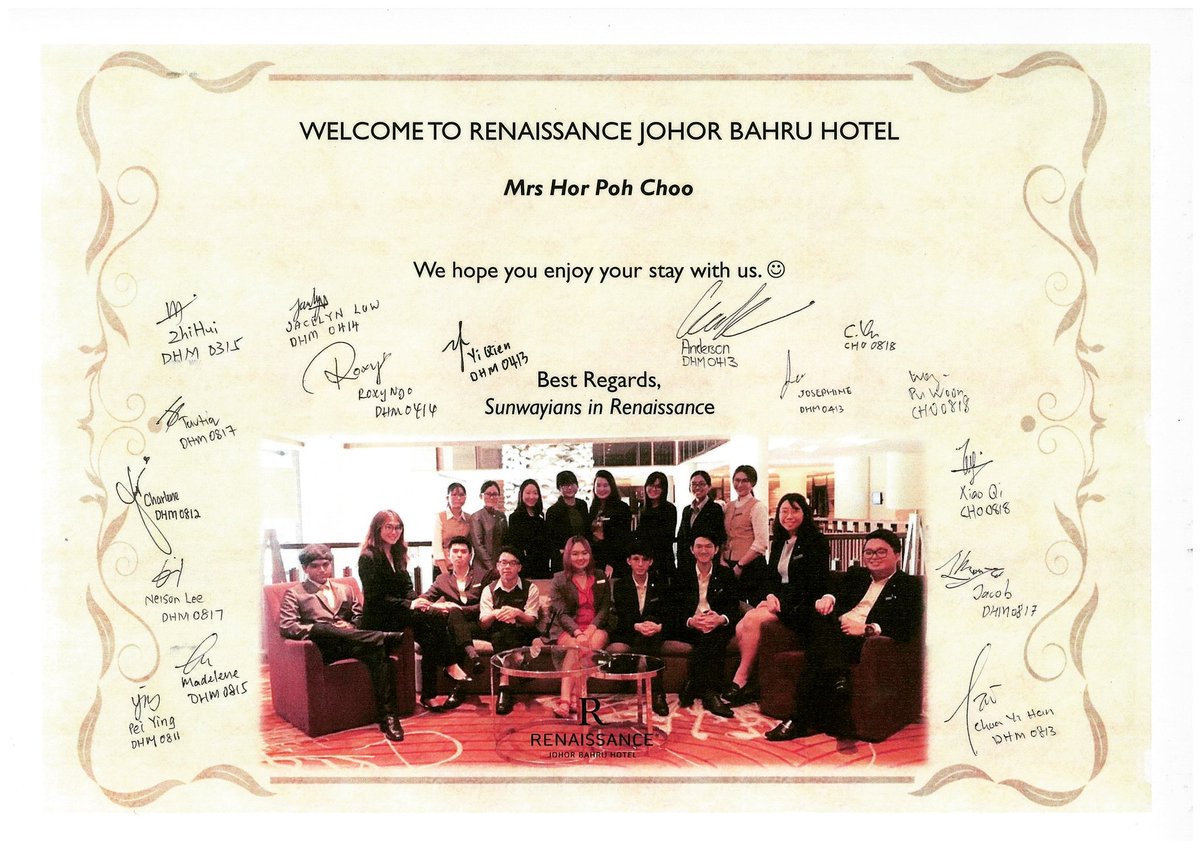 LindaSLLim's tweet photo. So proud of the lovely gesture by our @sunwaycollegejb hospitality graduates as well as interns at Renaissance Johor Bahru! Happy to know that many have joined the industry and are doing us proud. https://t.co/n2b9tVRkHC