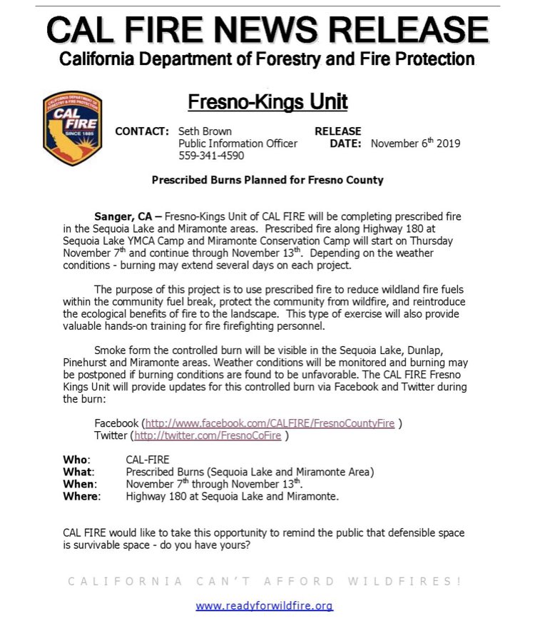 FresnoCoFire's tweet photo. CAL FIRE News Release #prescribedburn #fuelbreak #reducefuels https://t.co/MRHNMbLbN6