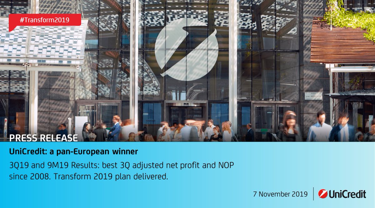 UniCreditEurope's tweet photo. #Transform2019: #UniCredit, a pan-European winner. 3Q19 and 9M19 #Results.
📌 #Financial #PressRelease
🗞️ https://t.co/aO0ZlZi8Pd https://t.co/cE0gguwEaz