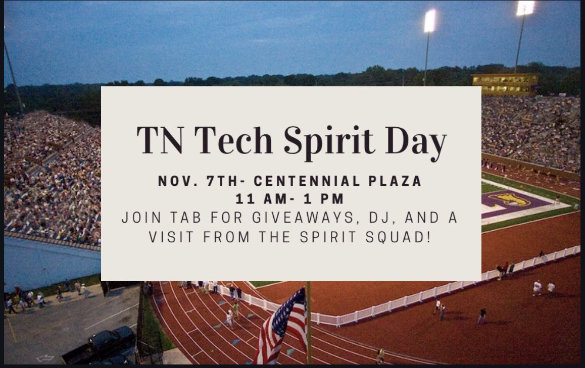 tntechtab's tweet photo. Join us for a Homecoming Week spirit day filled with giveaways and Purple and Gold Pride 💜 Rain plan: RUC Lobby https://t.co/GUcgnWGWQl