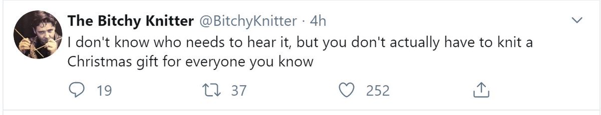 BitchyKnitFans's tweet photo. Today we are lucky enough to get twice the wisdom, and just in time for the holidays🎄🎅:
1/1 
You may not have asked, but you MUST be told that not knitting gifts isn't illegal, but we aren't lawyers either.
#BitchyWisdom  #DoubleHitter https://t.co/JWuIwTagGg