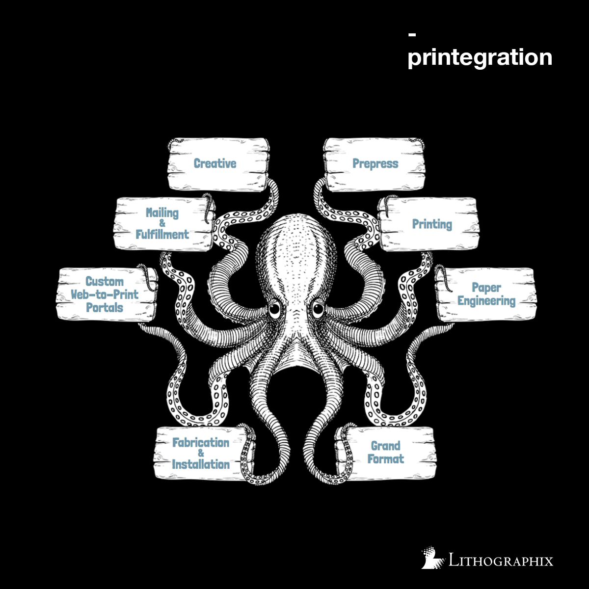 lithographixinc's tweet photo. Printegration.
The octopus, a symbol of flexibility, creativity, intelligence, and adaptability is the perfect mascot for Printegration. Our clients now enjoy a complete Concept to Consumer experience all in one location. Quickly, beautifully, and economically. #printegration https://t.co/pa7yuYCTrI