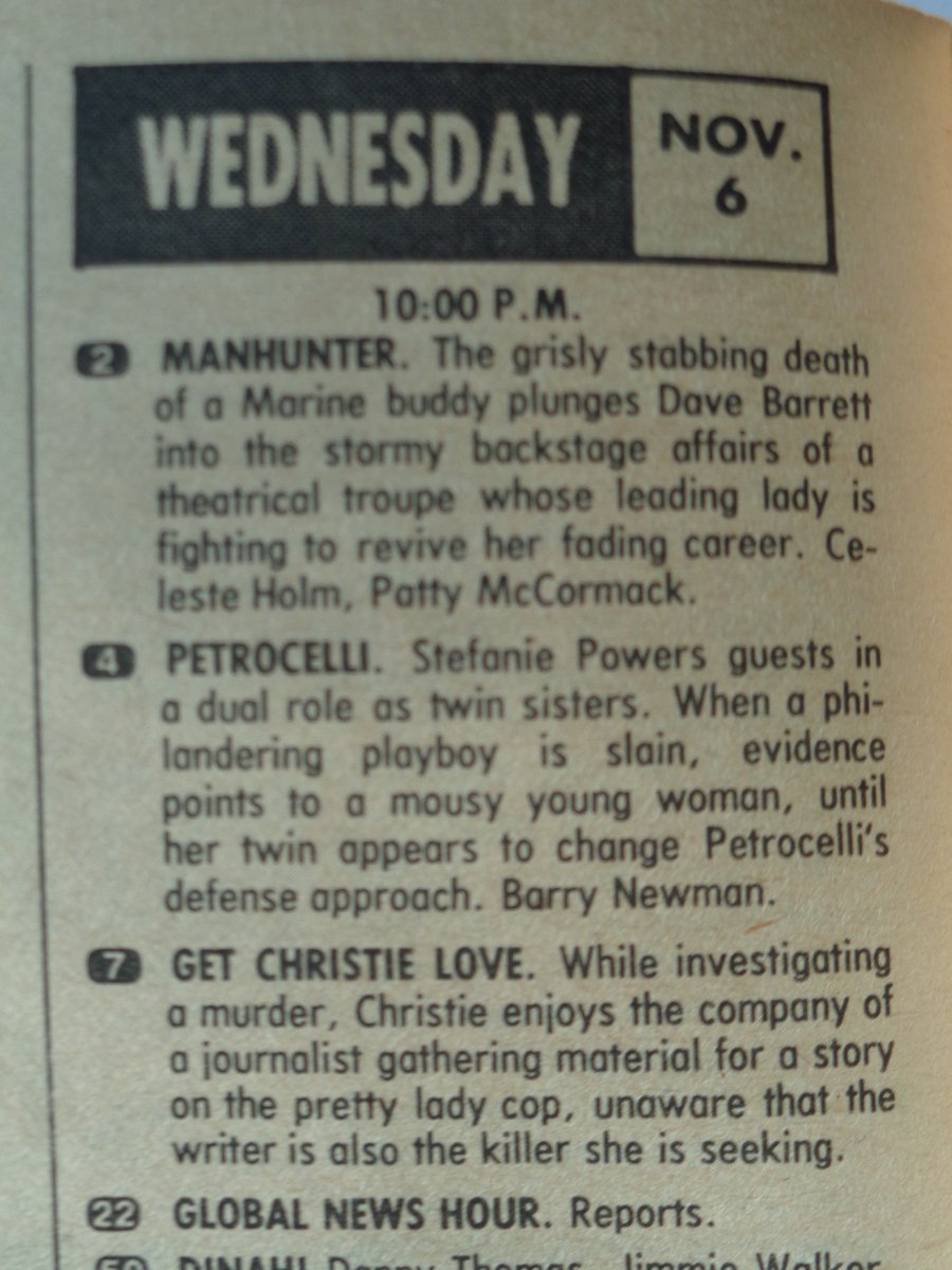Today's TV Listing of Yore:  On this date in '74 at 10PM EST, CBS offered 'Manhunter,' NBC had 'Petrocelli' and ABC gave us 'Get Christie Love!' - all with some very '70s plots!  #onehourdrama #1970sTV