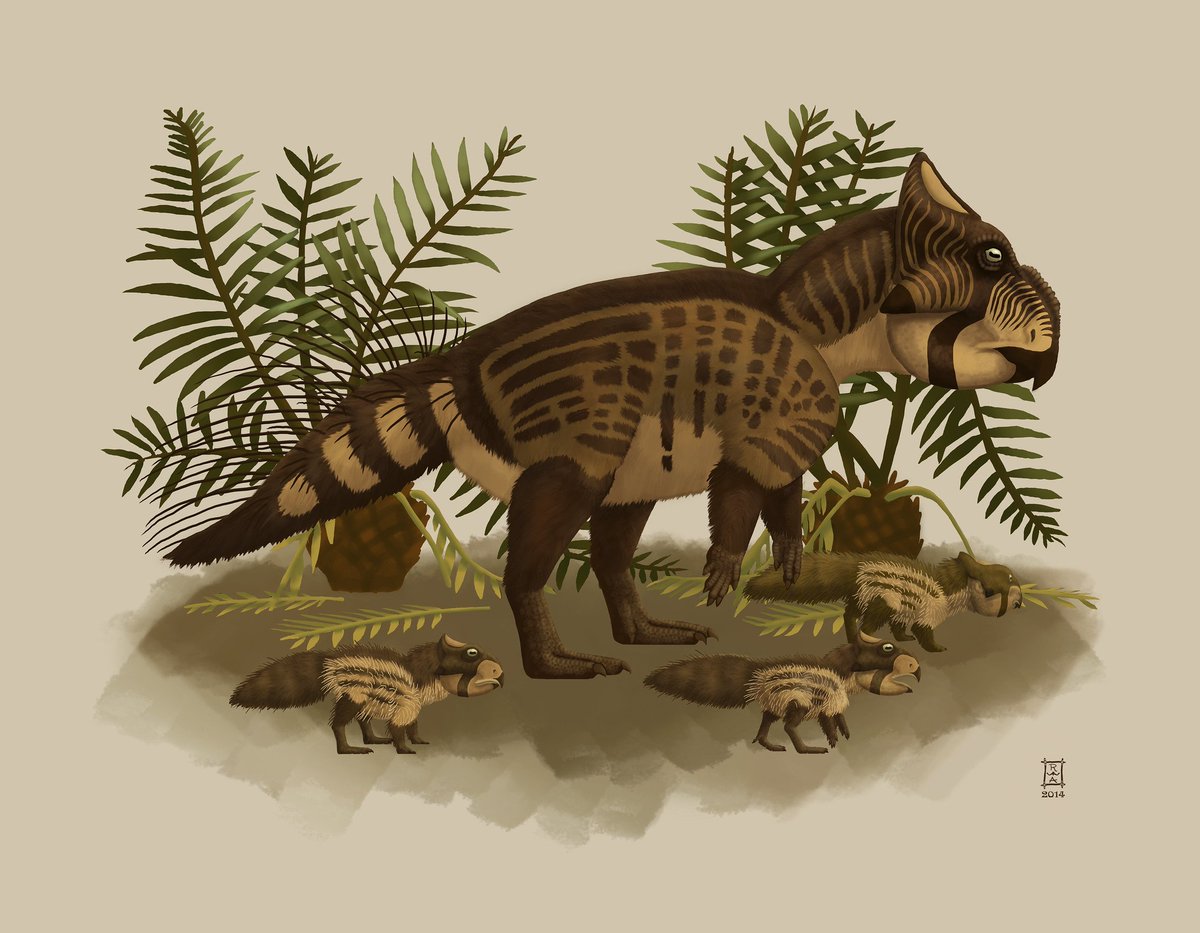 Illustration by Raven Amos @alaskanime. A small mottled brown dinosaur with a parrot-like beak and short frill stands in front of foliage with its chicks.