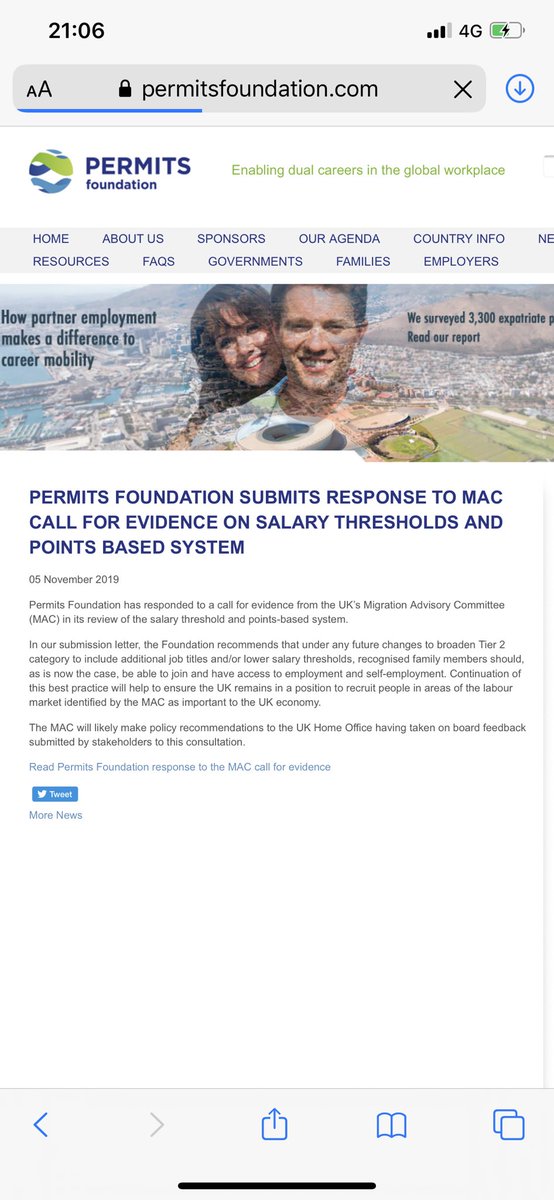 Do look at <a href="/PermitsLobby/">Permits Foundation</a> website and their excellent response to the Migration Advisory Committee call for evidence , highlighting the importance of partner access to employment and self employment. The ability of partners to work  is crucial to every global mobility move.