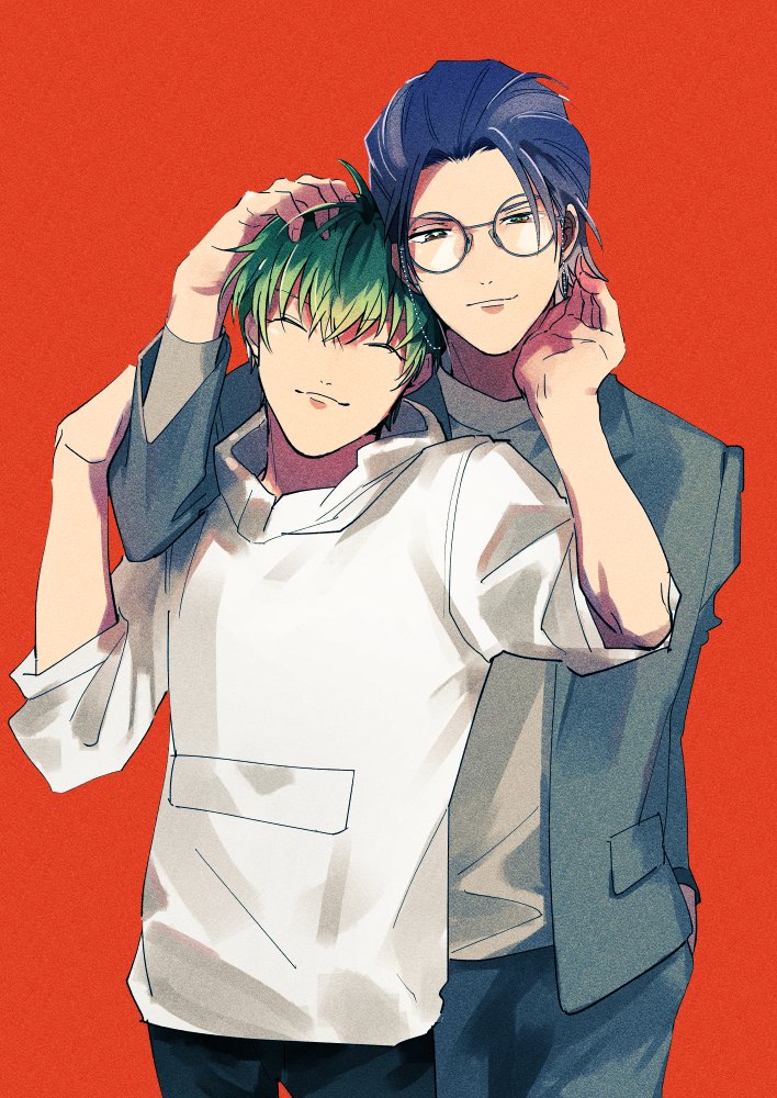 multiple boys 2boys green hair red background male focus glasses closed eyes  illustration images