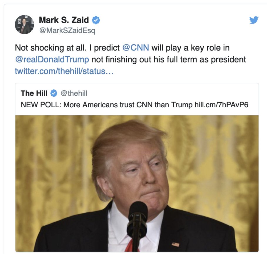 97.  #Whistleblower  #Spy attorney Mark Zaid tweeted in July 2017, "I predict  @CNN will play a key role in  @realDonaldTrump not finishing out his full term as president...We will get rid of him, and this country is strong enough to survive even him and his supporters."  #CoupCabal