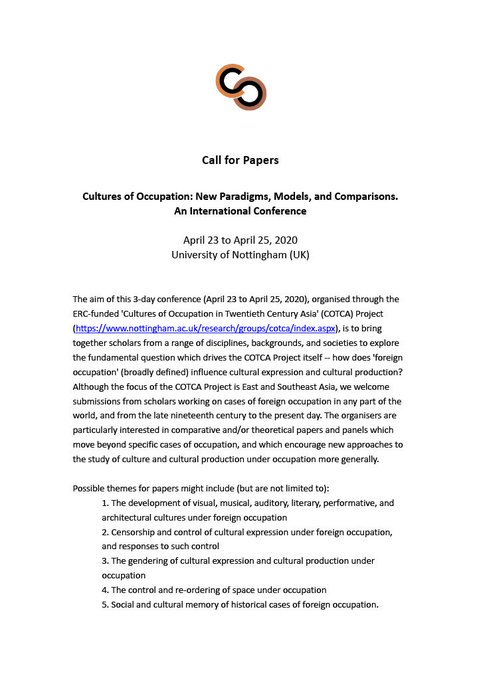 COTCAProject's tweet photo. #CfP - Just one week left to get your proposals in for the #COTCAProject's final conference in April 2020: "Cultures of Occupation: New Paradigms, Models, and Comparisons". The deadline is November 15th! #colonialhistory #asianhistory #twitterstorians #visualculture #soundstudies https://t.co/getko7fdkm