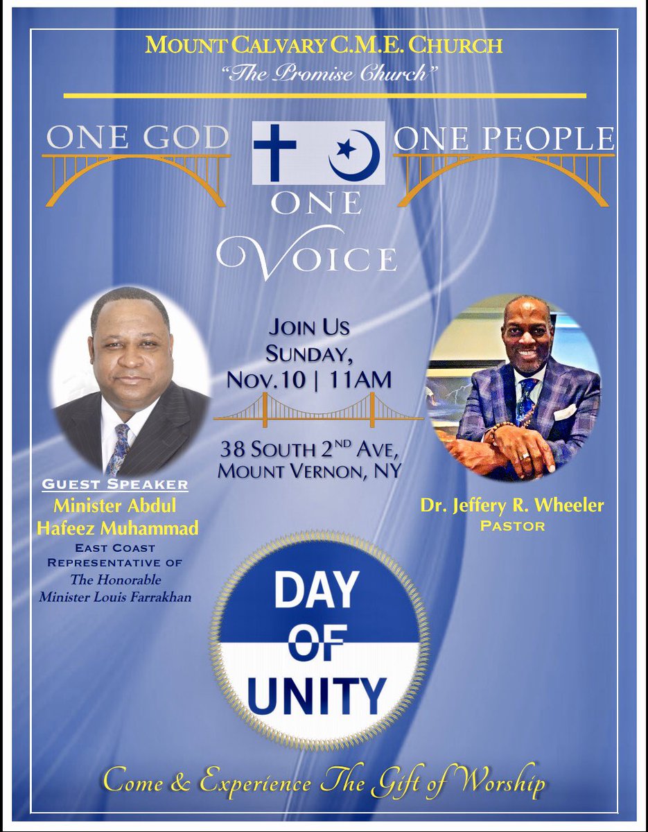 ahafeezm's tweet photo. Psalm 133:”Behold, how good and how pleasant it is for brethren to dwell together in unity”‼️Join us this Sunday in Mount Vernon, NY! Honored to be with my Brother Dr. Wheeler and our Believing communities✊🏾#Farrakhan #muslimchristianunity @PeliKEN_Fly @TheOfficialHH4J @HiphopTC https://t.co/LNjJmVLhSy