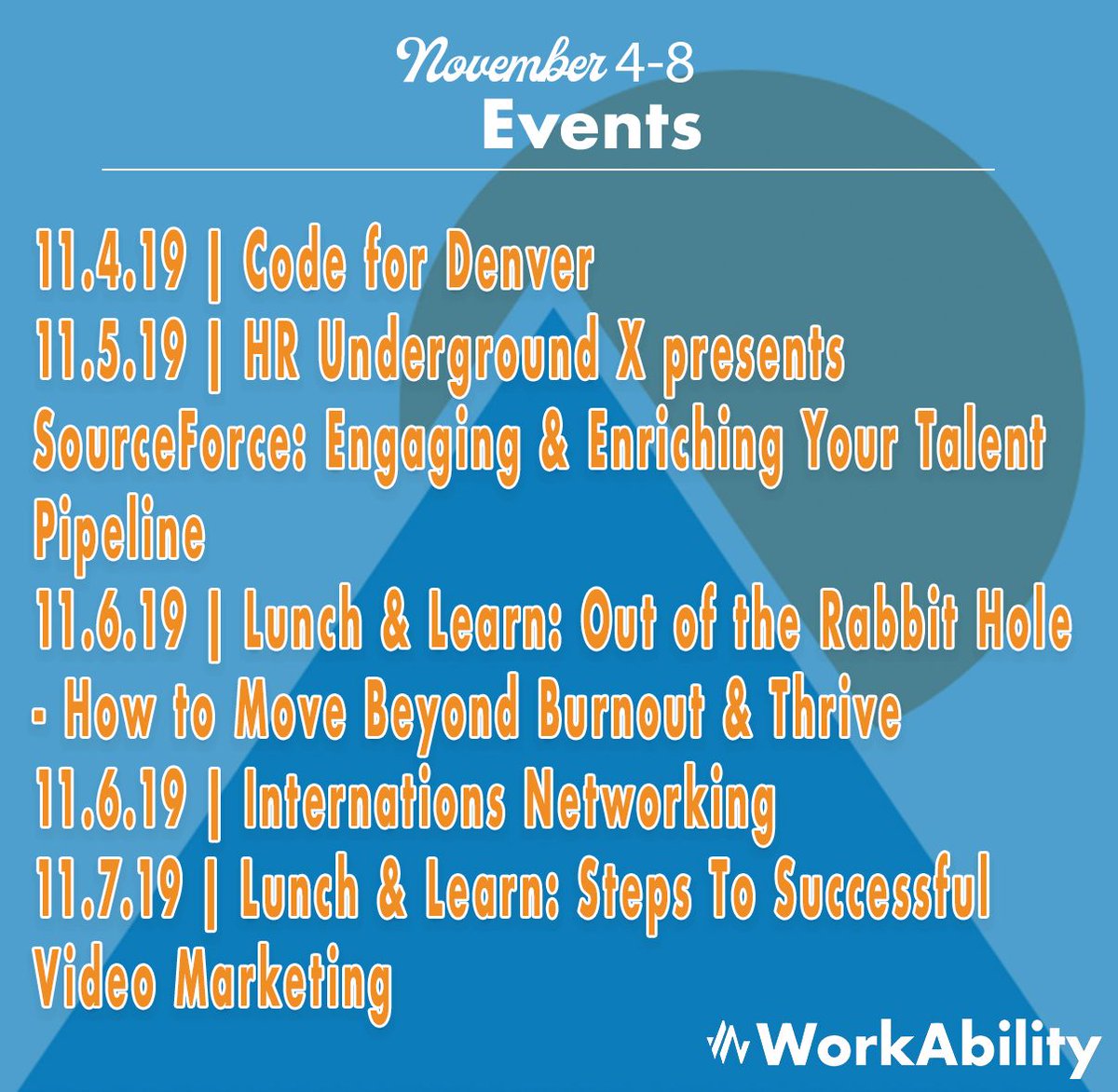 WorkAbilityWork's tweet photo. It's officially #MileHighPitch Month! Got some great #events coming up before the 21st though. Here are this week's!
#codefordenver #hr #hrunderground #sourceforce #lunchandlearn #internations #networking #videomarketing #marketing #denverstartupevents #denvernetworkingevents https://t.co/4Ada1TKfhY