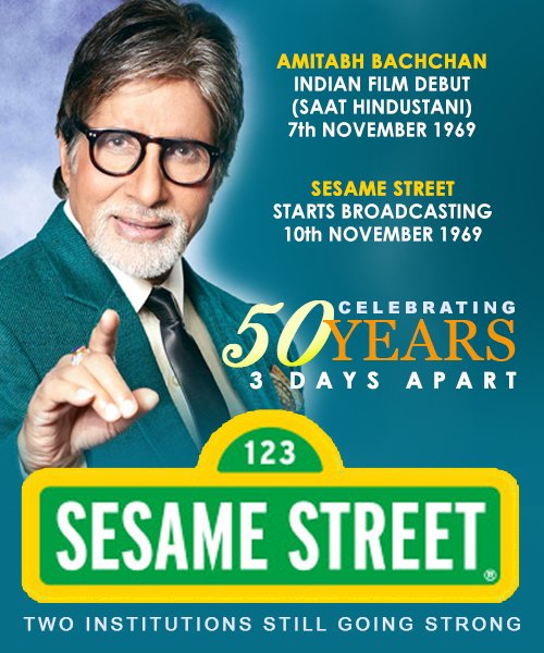Amritvir's tweet photo. Celebrating 50 years of two great Institutions ... @srbachchan & @sesamestreet
7 November: #AmitabhBachchan's film Debut in the movie #saathindustani / Seven Indians
(3 days later)
10 November: #sesamestreet
#50YearsOfAmitabhBachchan #50yearsofSesameStreet https://t.co/YcCuIZx30T