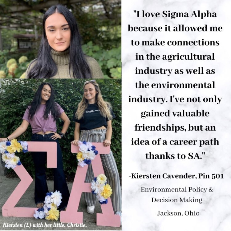 SigmaAlpha_OSU's tweet photo. Our #OnWednesdaysWeWearLetters sister this week is @kcavender_ , a fourth year student studying Environmental Policy and Decision Making, with a minor in International Policy and Law! 

One of Kiersten’s favorite OSU memories was rushing the field after the Xichigan game! https://t.co/UiG3Y5HlWT