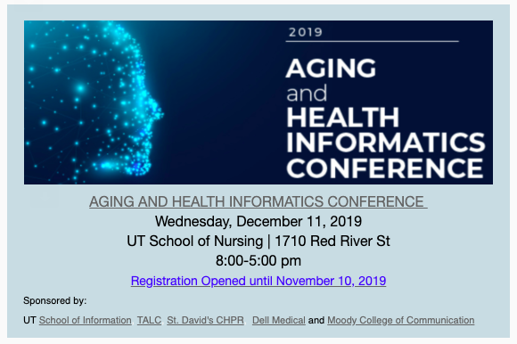TxAging's tweet photo. Have you registered for the 2019 Aging and Health Informatics Conference?  Registration open until Nov. 10th (that's Sunday!).  Texas Aging and Longevity Center is a sponsor of AHICS. #aging #health #informatics #conference #research https://t.co/ZmyWTXelta