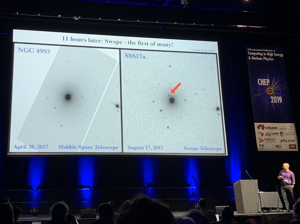 paulgessinger's tweet image. Gravitational wave astronomy allows us to put big red arrows on telescope images... pointing to visual signal of GW sources!! @Computing4HEP #CHEP2019