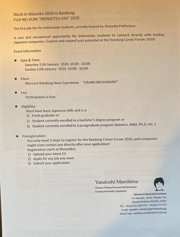 Anak2 muda Jabar, silakan manfaatkan peluang 350 RIBU LOWONGAN KERJA di INDUSTRI 4.0 di JEPANG di 14 sektor Karir. Pemerintah Jabar merespon dgn mengadakan Japan Job Fair 11-12 JANUARI 2020 di Bandung utk anak2 muda berkarier di Jepang, kerjasama dengan Pemprov Shizuoka Jepang