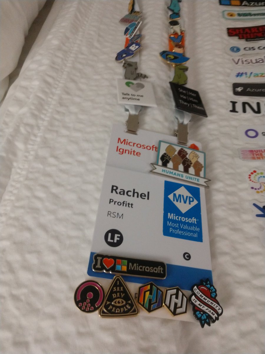 RachelProfitt's tweet photo. Sticker situation update day three. I have more that 127 stickers. I also cleaned up the pins, moved the buttons to my backpack and won a plush unicorn from a claw game! #stickerholic #stickerproblems #MSIgnite https://t.co/YBdapR15bY