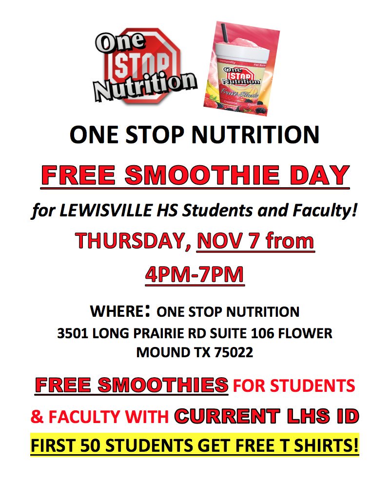 LewisvilleHS's tweet photo. FREE SMOOTHIES TOMORROW (Thursday) FOR LHS STUDENTS AND FACULTY WITH CURRENT LHS ID!  See image for more details! https://t.co/a7yFZGF2Jw