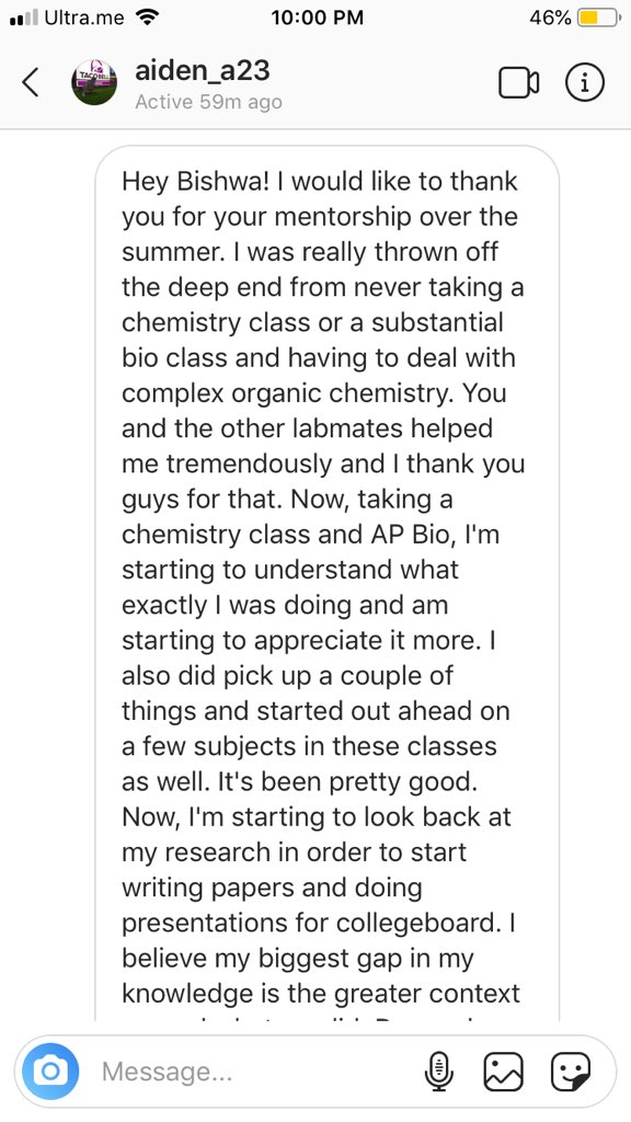 mepakribi's tweet image. Just received this text from @aiden_a23 , who was #ACSProjectSeed  student this summer.  He was a quick learner in lab but said probably wouldn’t take chemistry class later - specially OChem. But after the lab it turns out -