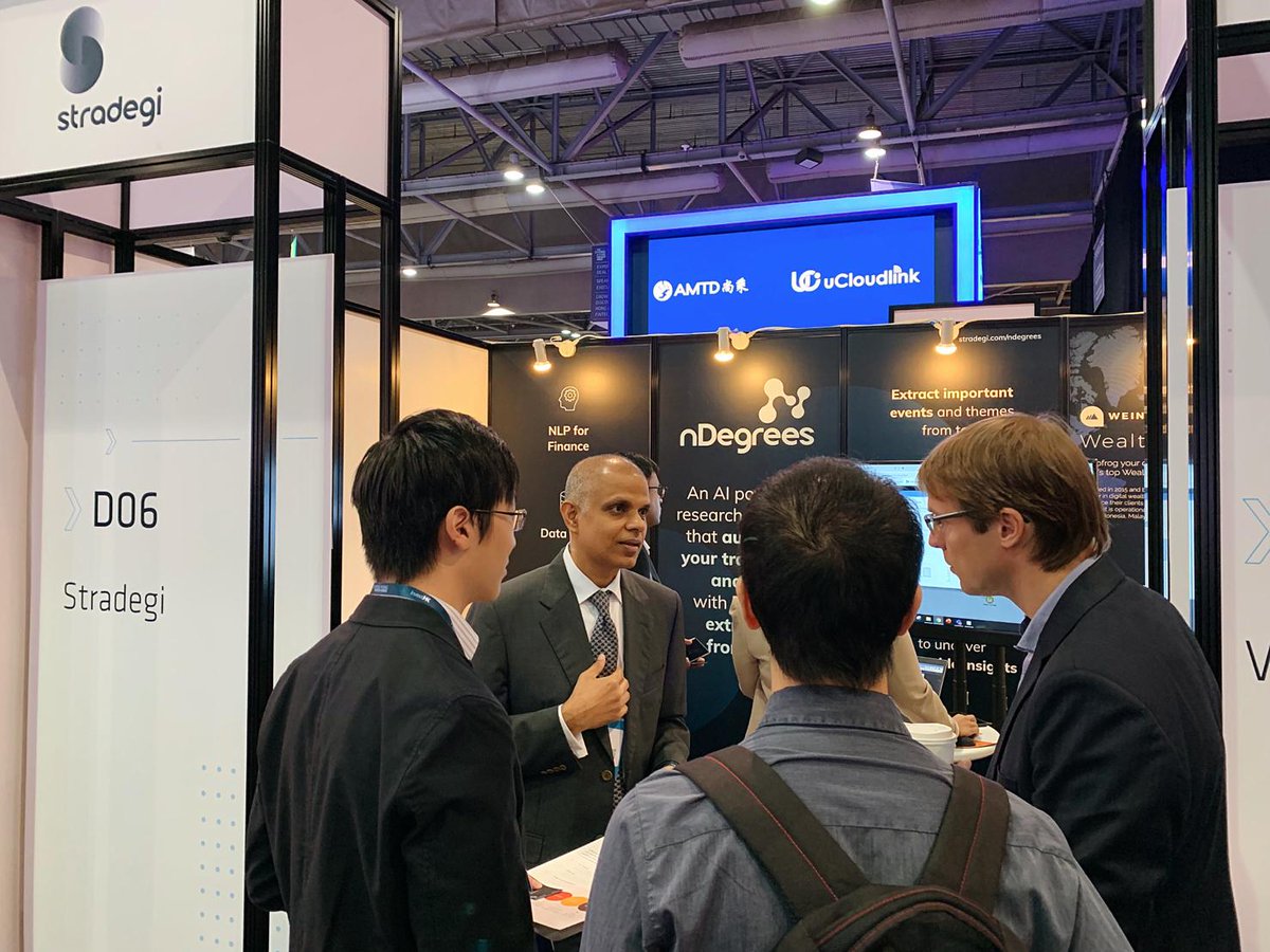 Stradegi's tweet photo. We are overwhelmed with the positive response and support received in #HKFinTechWeek. A big thanks to everyone who stopped in Booth D06 yesterday. Those who missed seeing our AI based research platform feel free to visit today. #AI #fintech #unstructureddata #emergingtechnology https://t.co/DT1bt6uMhL