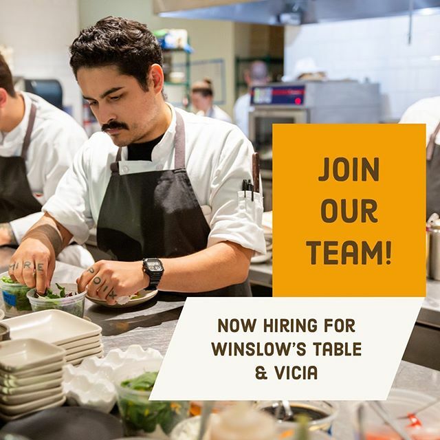 Our restaurant family is growing and we’re looking for hardworking, passionate people who are excited to work with great local food! We’re seeking cooks for days and nights at both @Vicia &amp; our new restaurant <a href="/winslowstable/">Winslow's Table</a>. Interested? Send us a direct message #nowhiring #r…