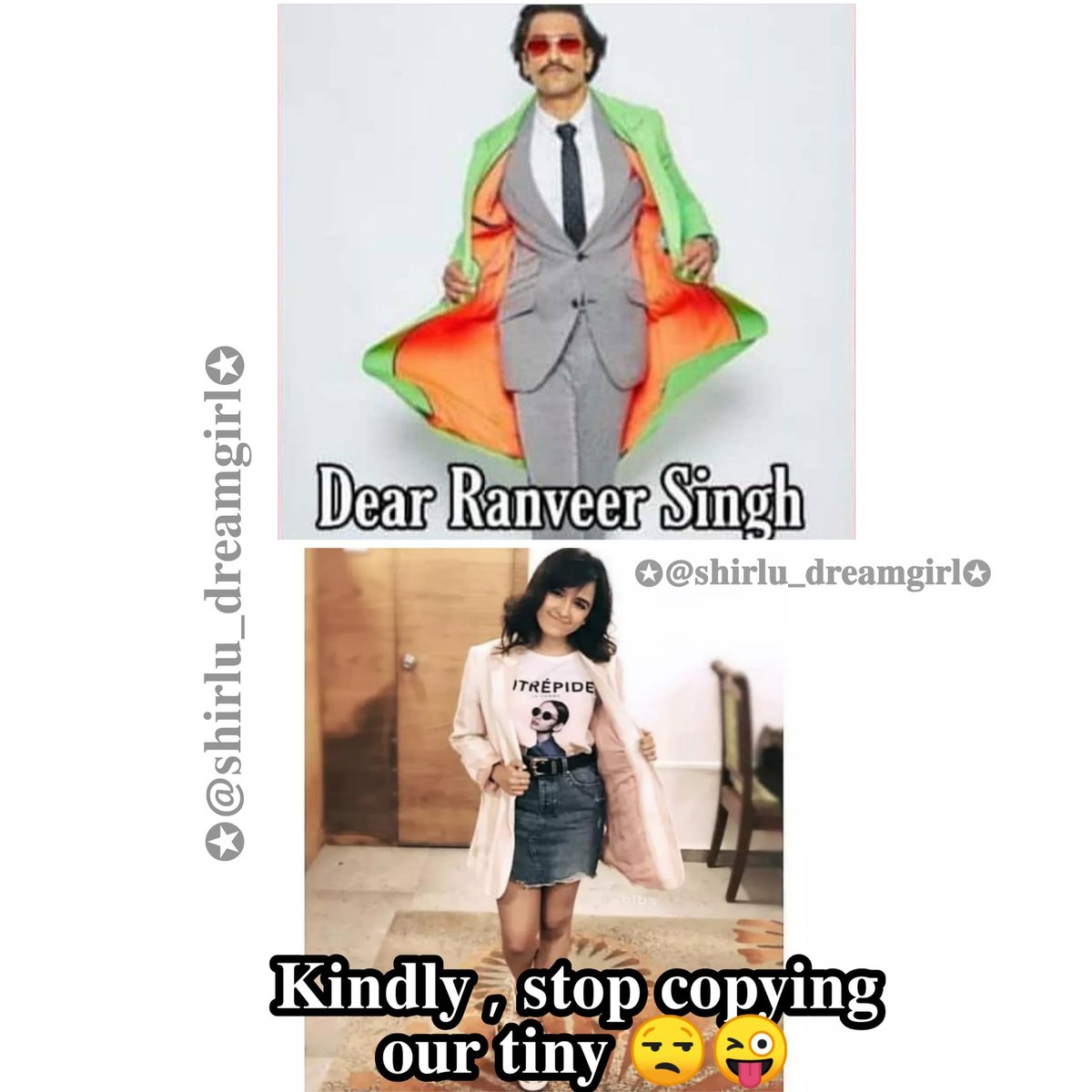 shirlu_dreamgir's tweet photo. Dear @RanveerOfficial  kindaly , stop copying our tiny 😒🙈😂😂😂😂 @ShirleySetia  #shirleysetia #teamshirley #actorshirley #RanveerSingh #tinyone #shirlu_dreamgirl https://t.co/fd6LJD1tJM