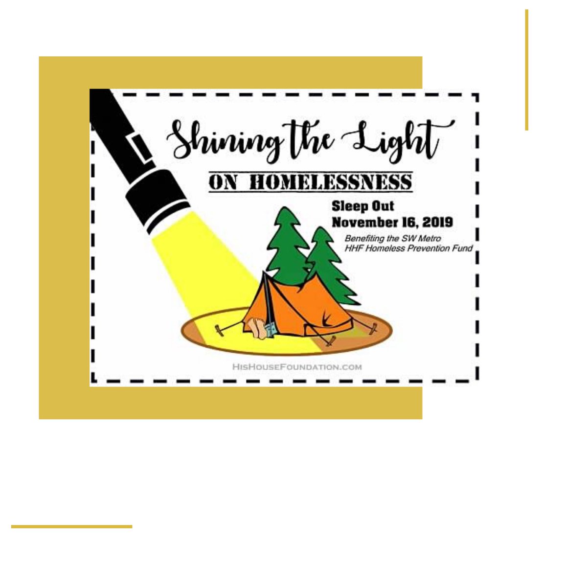 hishousefnd's tweet photo. Shining the Light on Homelessness is coming up fast! Help us spread homelessness awareness &amp; camp out with us on Nov. 16, 2019. https://t.co/lqtnXqXjDm