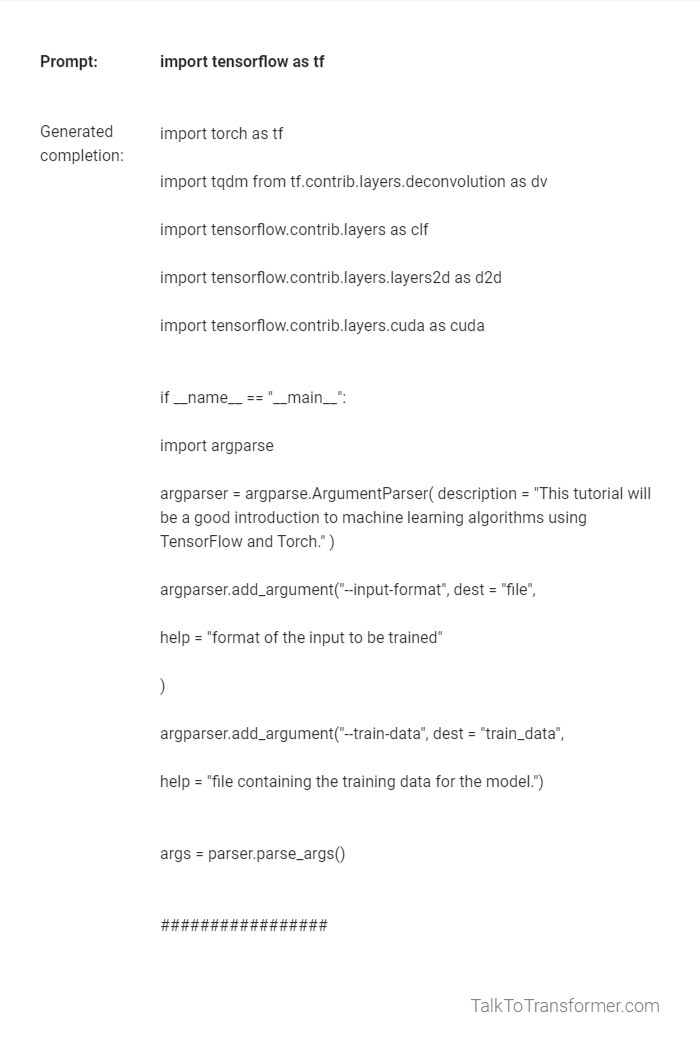 Looks like the new GPT-2 model prefers torch over tensorflow so much that it will overwrite your tf import. I don't think that's a good idea for a tutorial.

#talktotransformer