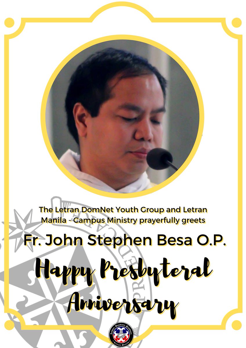 theletrandomnet's tweet photo. The Letran DomNet Youth Group greets Fr. John Stephen Besa and Fr Paul Lovell Javier a blessed and prayerful Presbyteral Anniversary.
May you strive to serve according to the examples of Jesus the high Priest.
Ad Multos Annos!
Arriba to you Fr J.S. and Fr. Lovell!
#LDYG https://t.co/MeVp3637Ja