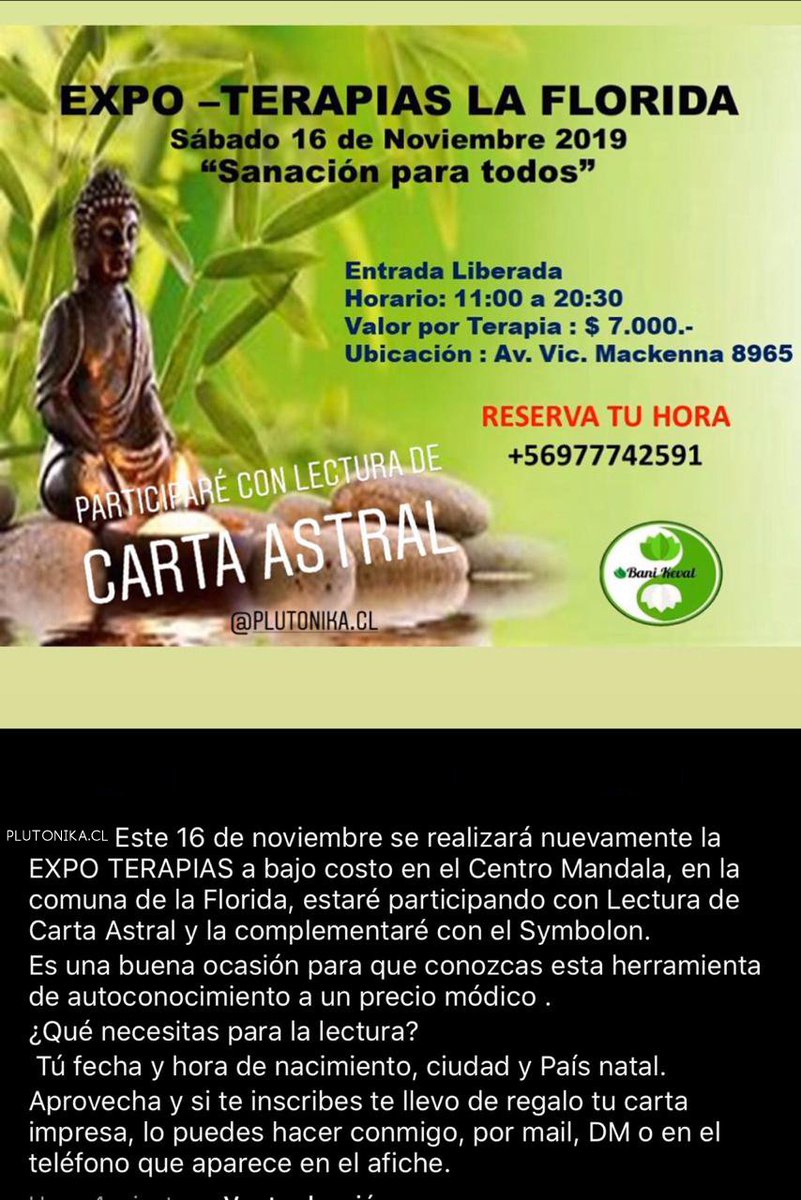 plutonika_cl's tweet photo. Estaré participando con lectura de carta natal en la expoterapia en #LaFlorida https://t.co/DvRZoiGzBA