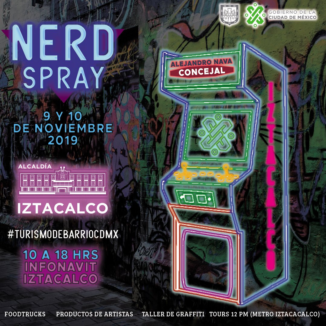 ConcejalNavaIZT's tweet photo. Te invitamos al #NerdSpray un lugar para el #Arte #Urbano que existe en los #Barrios de la #CDMX, el próximo 9 y 10 de noviembre en #InfonavitIztacalco #Iztacalco de 10 a 18 horas. Podrás encontrar #Talleres de #graffiti, #productos de #artistas y #Foodtrucks
#TurismoDeBarrioCDMX https://t.co/zAVhNYjNXA