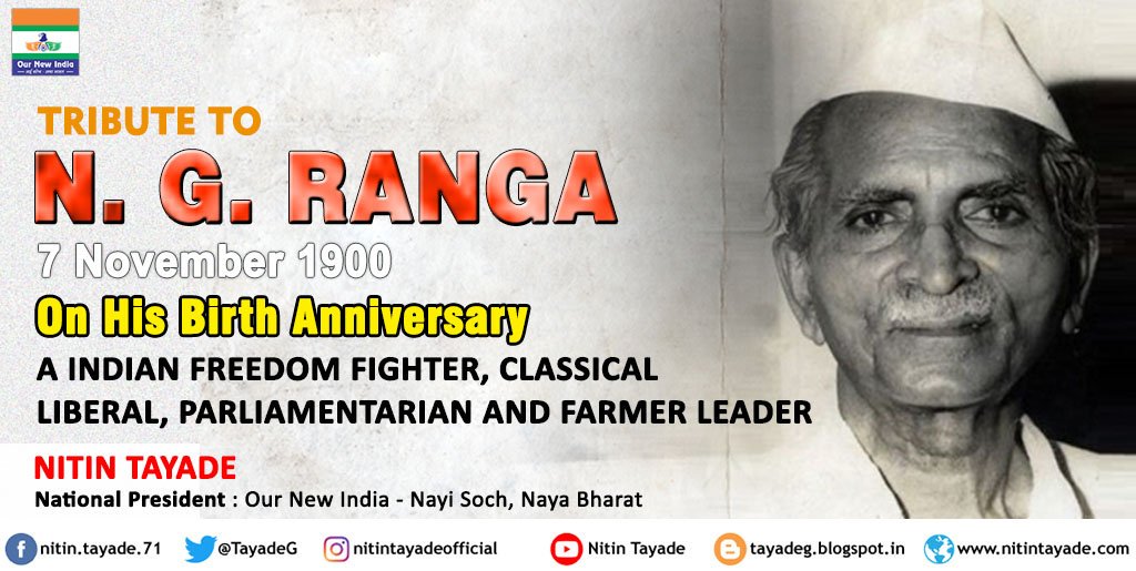 Bhartiyata1947's tweet photo. Humble Tribute to Hon. #NGRanga (7 November 1900) On His #BirthAnniversary, A #IndianFreedomFighter, classical liberal, parliamentarian and farmer leader. He is founding president of #SwatantraParty. He was an exponent of the peasant philosophy #NitinTayade #ONI https://t.co/lL9Zyfm4Zb
