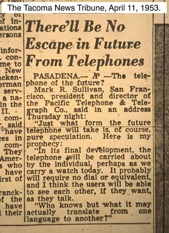 frischkopp's tweet photo. Veröffentlicht vor 66 Jahren, am 11. April 1953!
Da hatte jemand beindruckende, hellseherische Fähigkeiten! Wie wird wohl "das Telefon" in 50 Jahren aussehen? Ein implantierter persönlicher Kommunikations-Chip?

(Zeitungsartikel gefunden auf dem LinkedIn Account von @ghensel ) https://t.co/TPzyBCgYeG