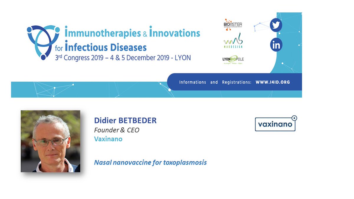 Meet Didier Betbeder from <a href="/vaxinano/">Vaxinano</a> at the #I4ID2019 Congress – 04/05 Dec - Lyon #immunotherapy #infectiousdiseases #therapy #b2b #treatment <a href="/MabDesign_fr/">MabDesign</a> <a href="/BIOASTER/">BIOASTER</a> <a href="/Lyonbiopole/">Lyonbiopôle Auvergne-Rhône-Alpes</a>
More info and registration at: i4id.org