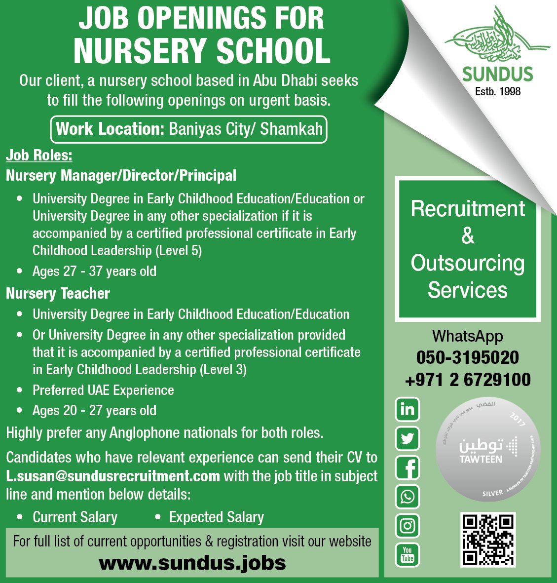 Sundus Recruitment On Twitter Job Openings For Nursery School Job Openings For Nursery School
