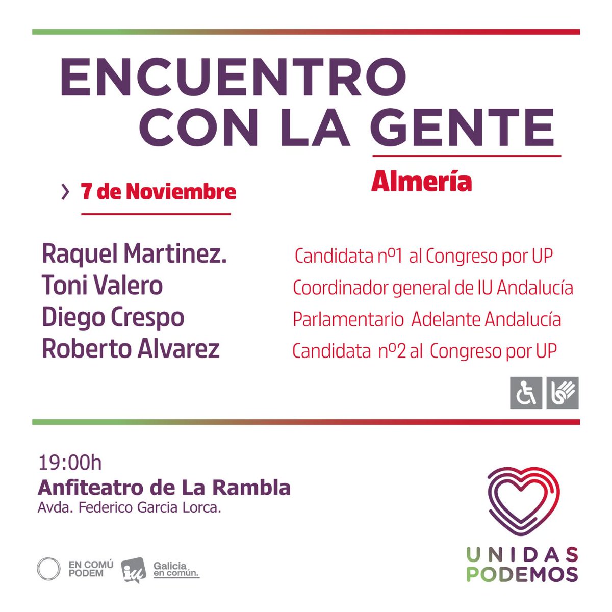 Nos vemos esta tarde en el anfiteatro de La Rambla de Almería a las 19 horas. ¡No te lo pierdas!

#UnGobiernoContigo #10N #UnidasPodemos
