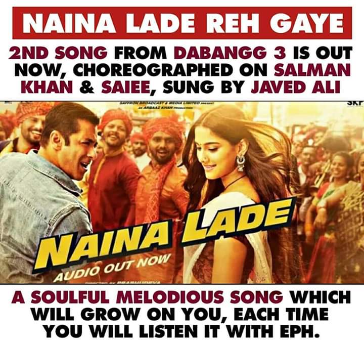 ☆☆-#NaineLade Song From #Dabangg3 Is Out!
--------------------------------------------------------------------
A Soulful Track Sung By #JavedAli and Penned By #DanishSabri and Choreographed On #SalmanKhan and #SaieeManjrekar ❤️
On Repeat Mode 🎧 | Ekdm Masttttt Hai 🔥