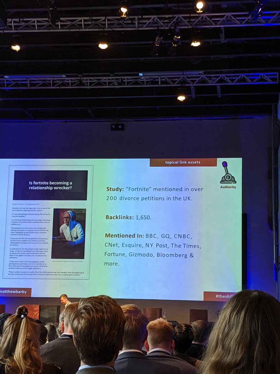 At #theshift2019: <a href="/matthewbarby/">Matthew Howells-Barby</a> shares insight about #SEO. Like how a divorce attorney gained tons of traffic when sharing an article asking if #fortnite is runing relationships. Why? Because it is relevant, and people start sharing it, linking back to you - <a href="/Google/">Google</a> loves it.