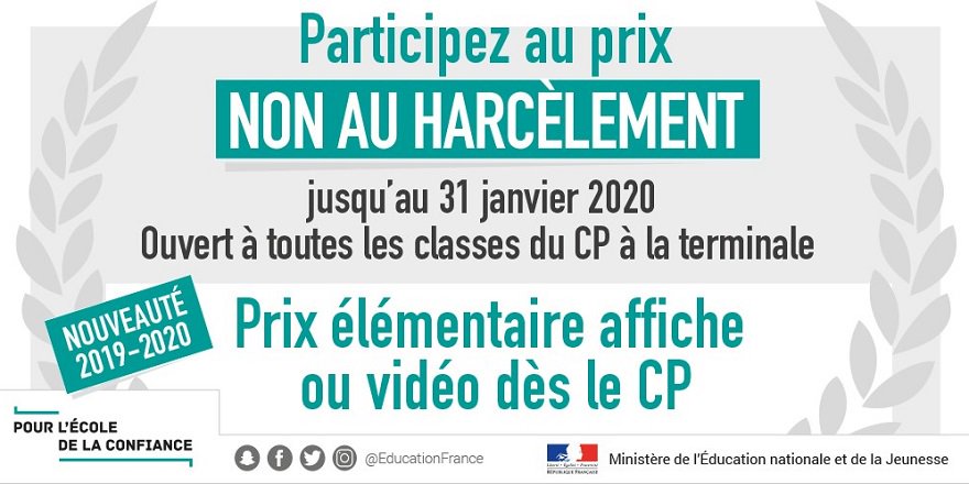 Eduscol's tweet image. 📌 Journée nationale de lutte contre le #Harcèlement 📌
Parce que la mobilisation des jeunes est essentielle pour dire #NonAuHarcelement 🚫, un prix leur est destiné pour s'exprimer et agir collectivement 👬👭
Élèves, du CP au lycée, participez ! ▶️ ow.ly/6Dpp50x3jRG
